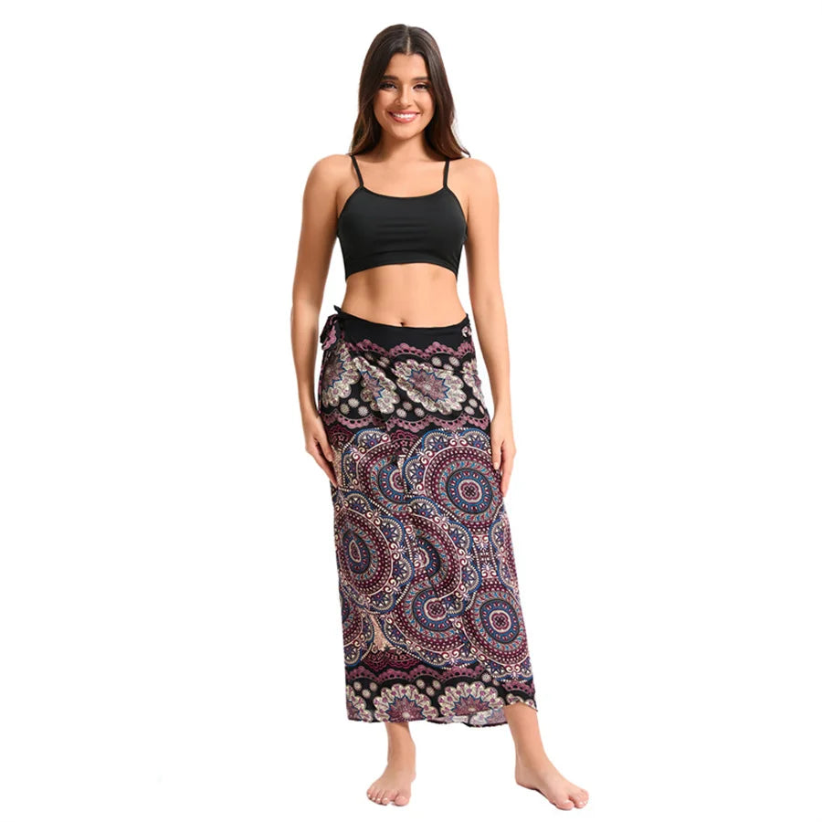 Women’s Boho Maxi Wrap Long Skirt Tie Up Beach Cover Up Dress Vintage Bohemian Adjustable High Waisted Holiday Rayon Dress