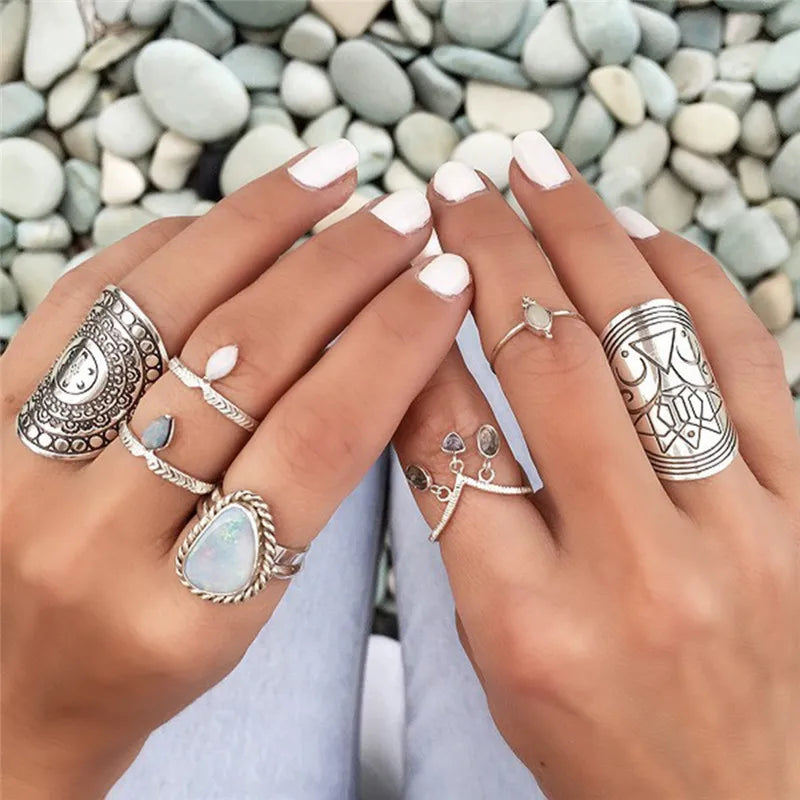 4Pcs/set Unique Carving Tibetan New Plated Bohemia Ring Set For Woman Punk Boho Ring Sets Vintage Jewelry