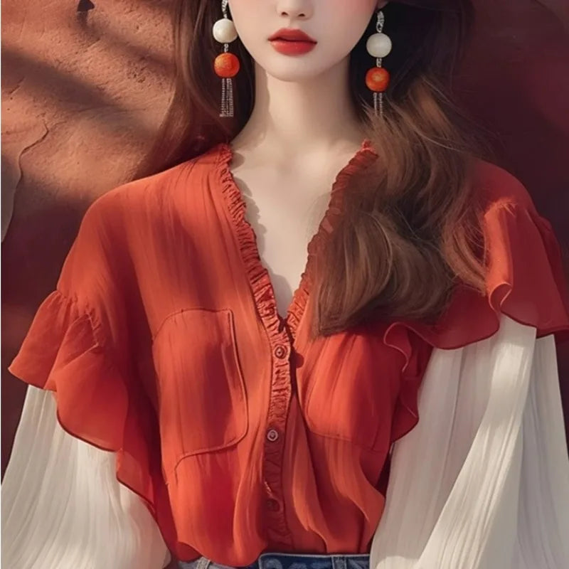 Chiffon Vintage Women's Shirts Spring/summer New Patchwork Women Shirts Loose Long Sleeves Tops Fashion Korean Clothing Sales