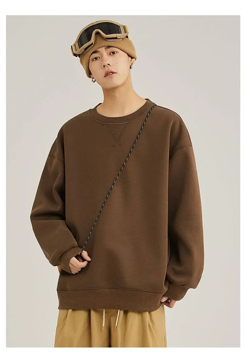 heavy cotton sweater men's autumn new loose and thick long-sleeved t-shirt solid color Japanese crew neck bottoming shirt mon