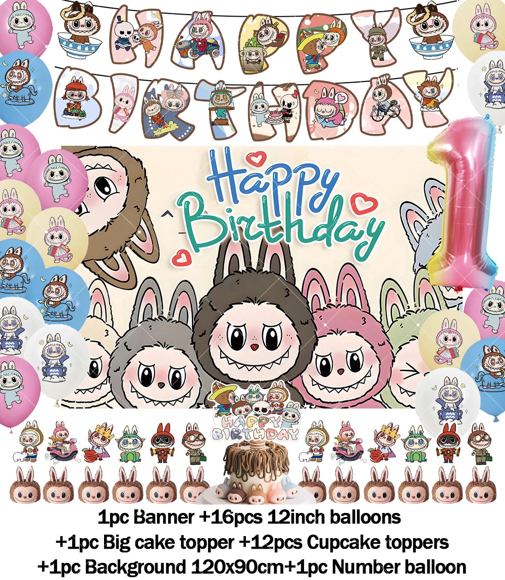 Cartoon LABUBU Theme Kids Birthday Party Banner Background Cake Topper Number Balloon Decoration Props Baby Party Supply Gifts