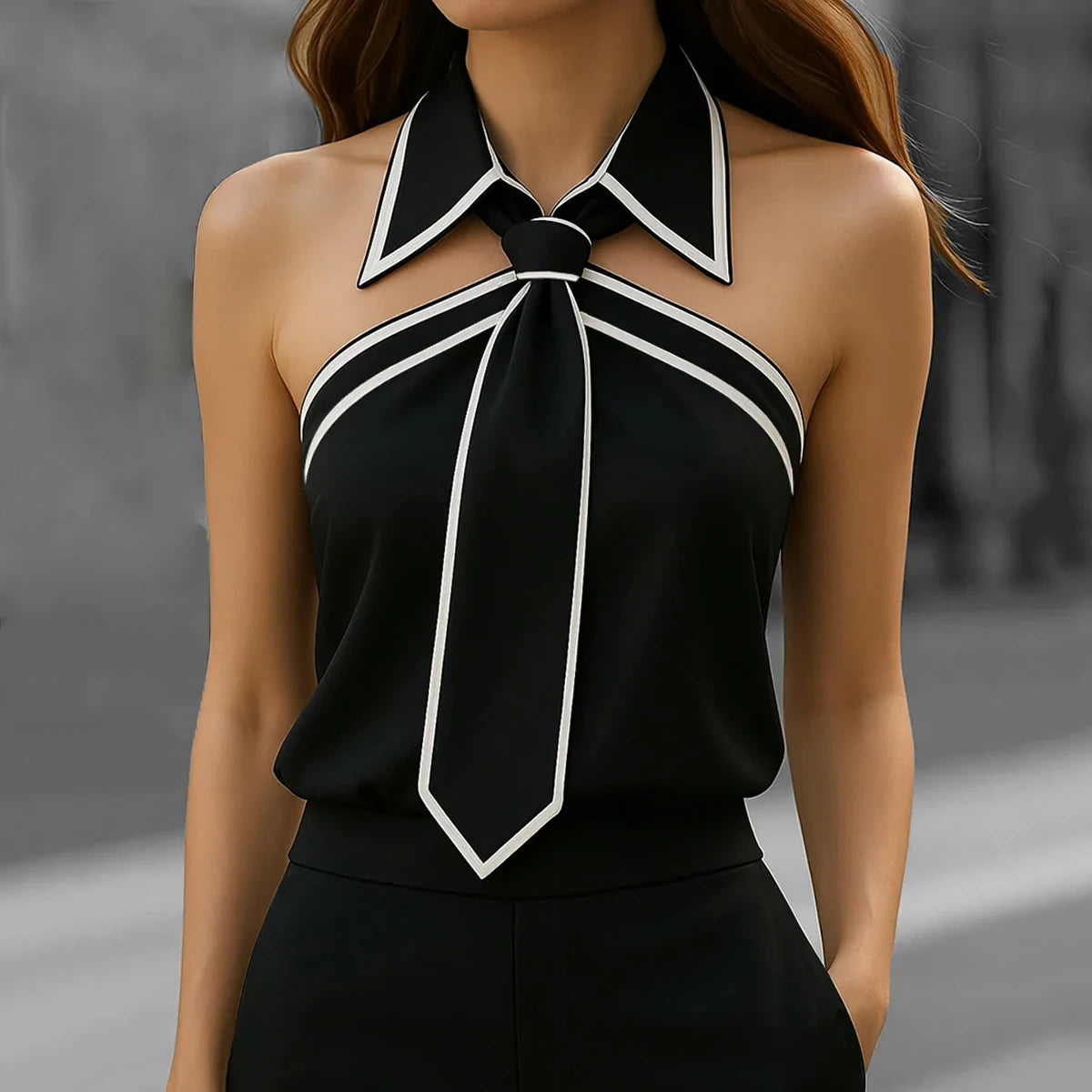 Women Shirt Tie Neck Strap Necktie Lapel Design Loose Long Sleeve Blouses Blusas Mujer Moda Contrast Binding Shirt