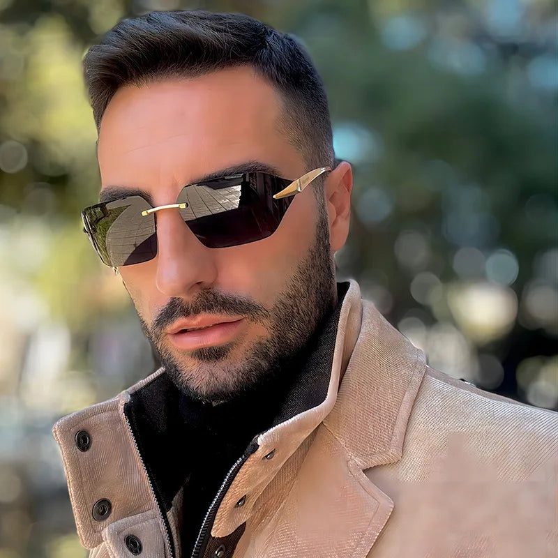 Rimless Men Sunglasses Luxury Brand Curved Lens Summer Traveling Sun Glasses for Women men Frameless Rectangle Shades mon