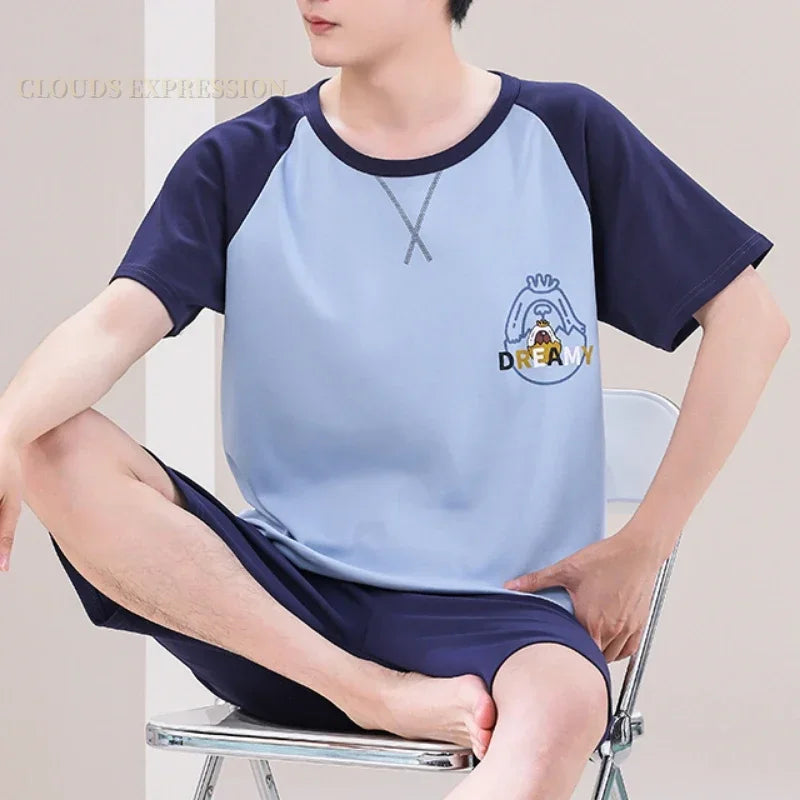 Summer 4XL Knitted Cotton Short Sleeved Men's Pajamas Sets Male Pajama Set Plaid Pajama For Men Sleepwear Suit Homewear mon