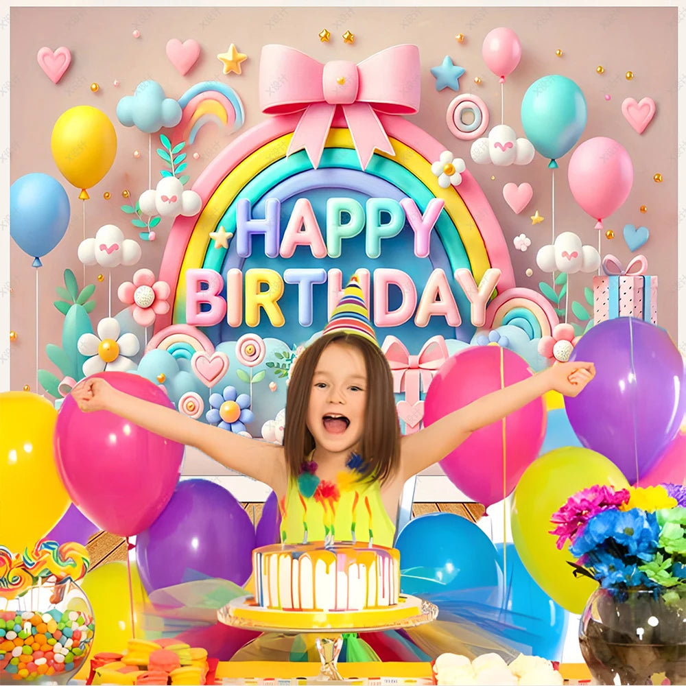 Colorful Happy Birthday Background 3d Balloons Rainbow Children Girl Birthday Party Decoration Banner Baby Party Photo Prop Gift