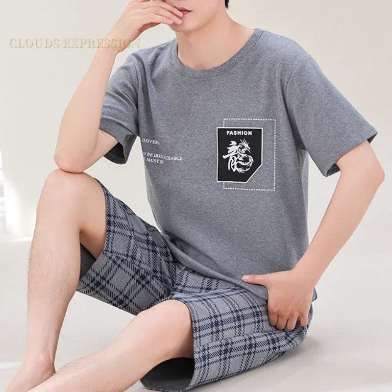 Summer 4XL Knitted Cotton Short Sleeved Men's Pajamas Sets Male Pajama Set Plaid Pajama For Men Sleepwear Suit Homewear mon