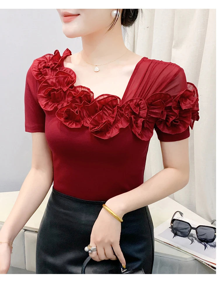 Summer Cotton T-shirts Chic Asymmetric Neckline Off-Shoulder Ruffle Trim Slim Fit Tee Exclusive Boutique Women's Casual Top
