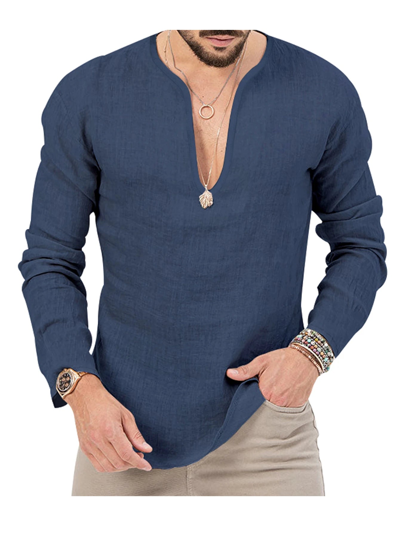 Men's Shirt Top V Neck Breathable Beach Shirt Long Sleeves Closure Regular Fit Solid Color Male Casual Shirt For Daily Vacation mon