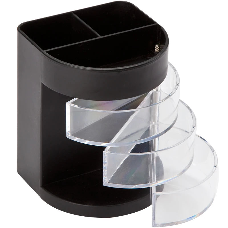 1pc Pen Holder with 3 Rotatable Arc Drawers 3 Compartments Pencil Holder Desktop Storage School Office Supplies
