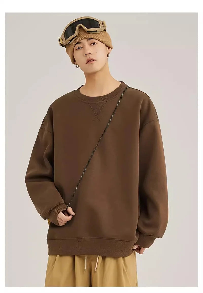 heavy cotton sweater men's autumn new loose and thick long-sleeved t-shirt solid color Japanese crew neck bottoming shirt mon