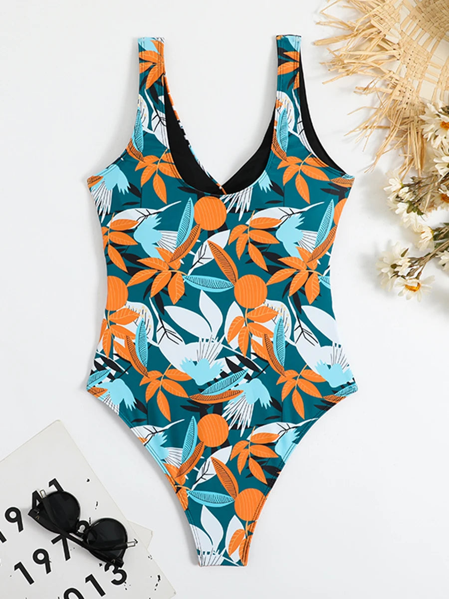 2025 Tropical Print Swimsuit One Piece Knot Side Belted Swimwear Women Padded Bathing Suit Female Swimming Summer Beachwear
