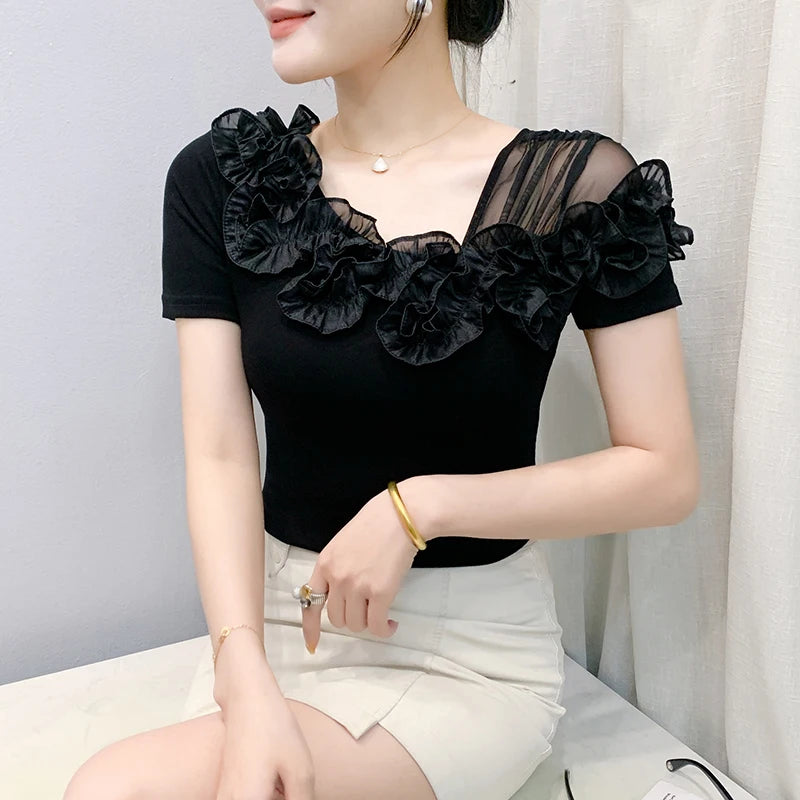 Summer Cotton T-shirts Chic Asymmetric Neckline Off-Shoulder Ruffle Trim Slim Fit Tee Exclusive Boutique Women's Casual Top