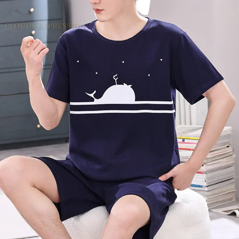 Summer 4XL Knitted Cotton Short Sleeved Men's Pajamas Sets Male Pajama Set Plaid Pajama For Men Sleepwear Suit Homewear mon