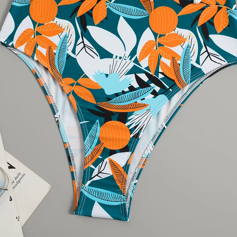 2025 Tropical Print Swimsuit One Piece Knot Side Belted Swimwear Women Padded Bathing Suit Female Swimming Summer Beachwear