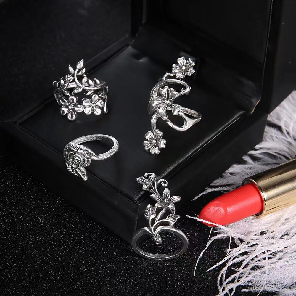 4PCS/Set Forest Vine Leaf Flower Ring Vintage Punk Antique Carved Midi Finger Ring Women Bohemian Rings