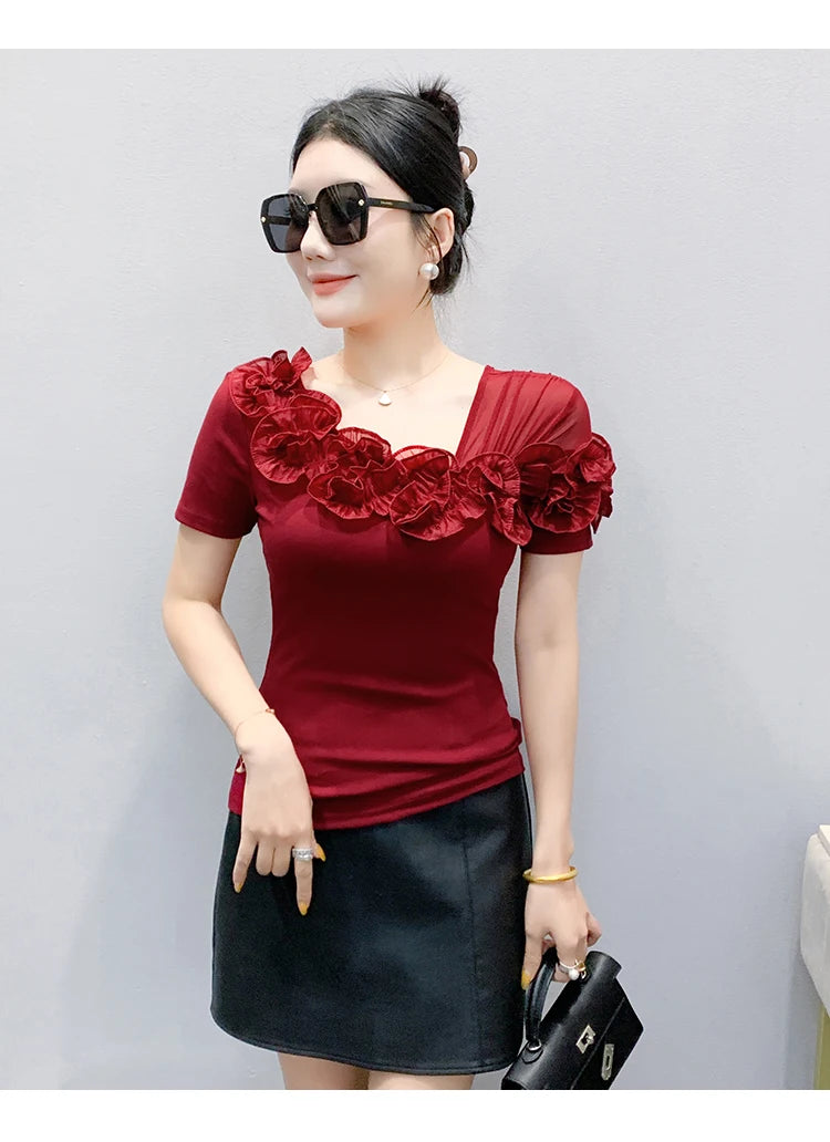 Summer Cotton T-shirts Chic Asymmetric Neckline Off-Shoulder Ruffle Trim Slim Fit Tee Exclusive Boutique Women's Casual Top