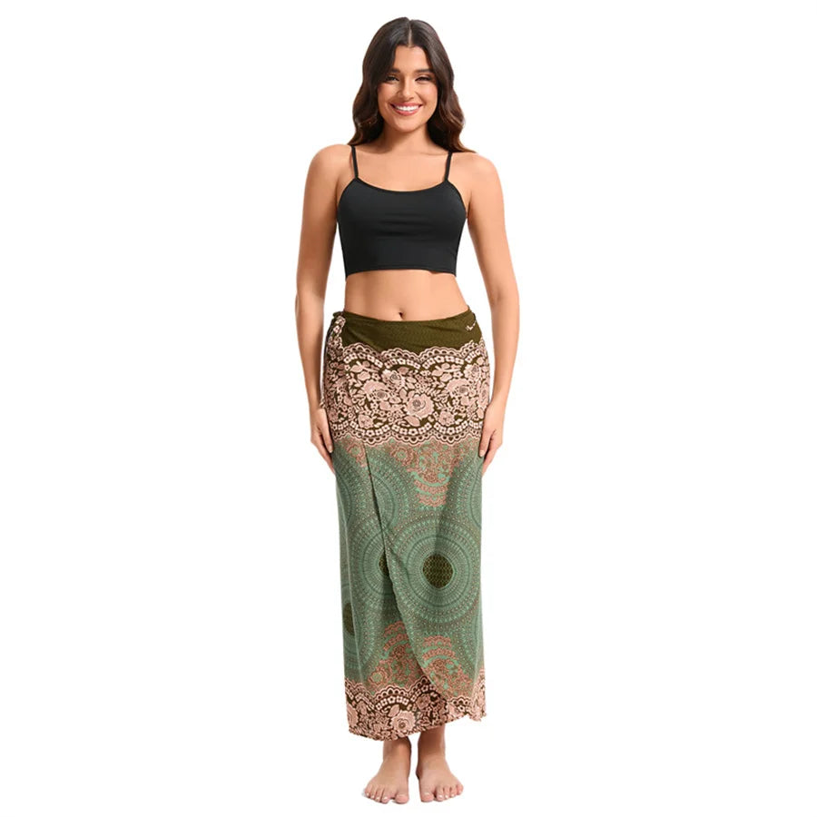 Women’s Boho Maxi Wrap Long Skirt Tie Up Beach Cover Up Dress Vintage Bohemian Adjustable High Waisted Holiday Rayon Dress