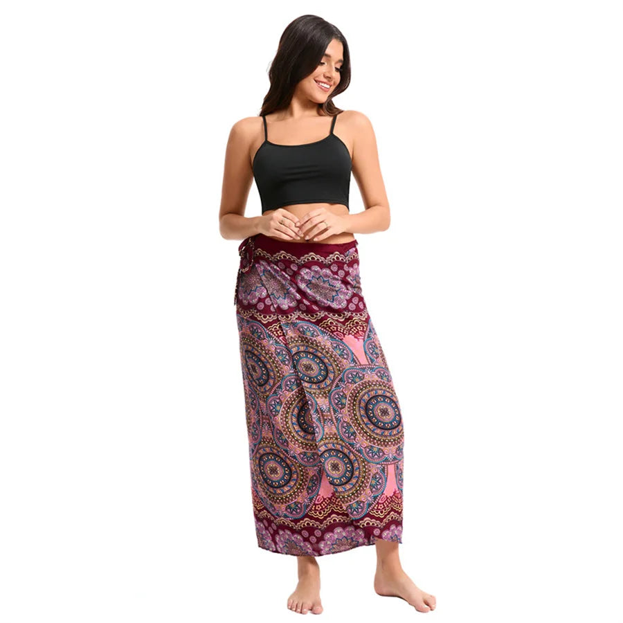 Women’s Boho Maxi Wrap Long Skirt Tie Up Beach Cover Up Dress Vintage Bohemian Adjustable High Waisted Holiday Rayon Dress