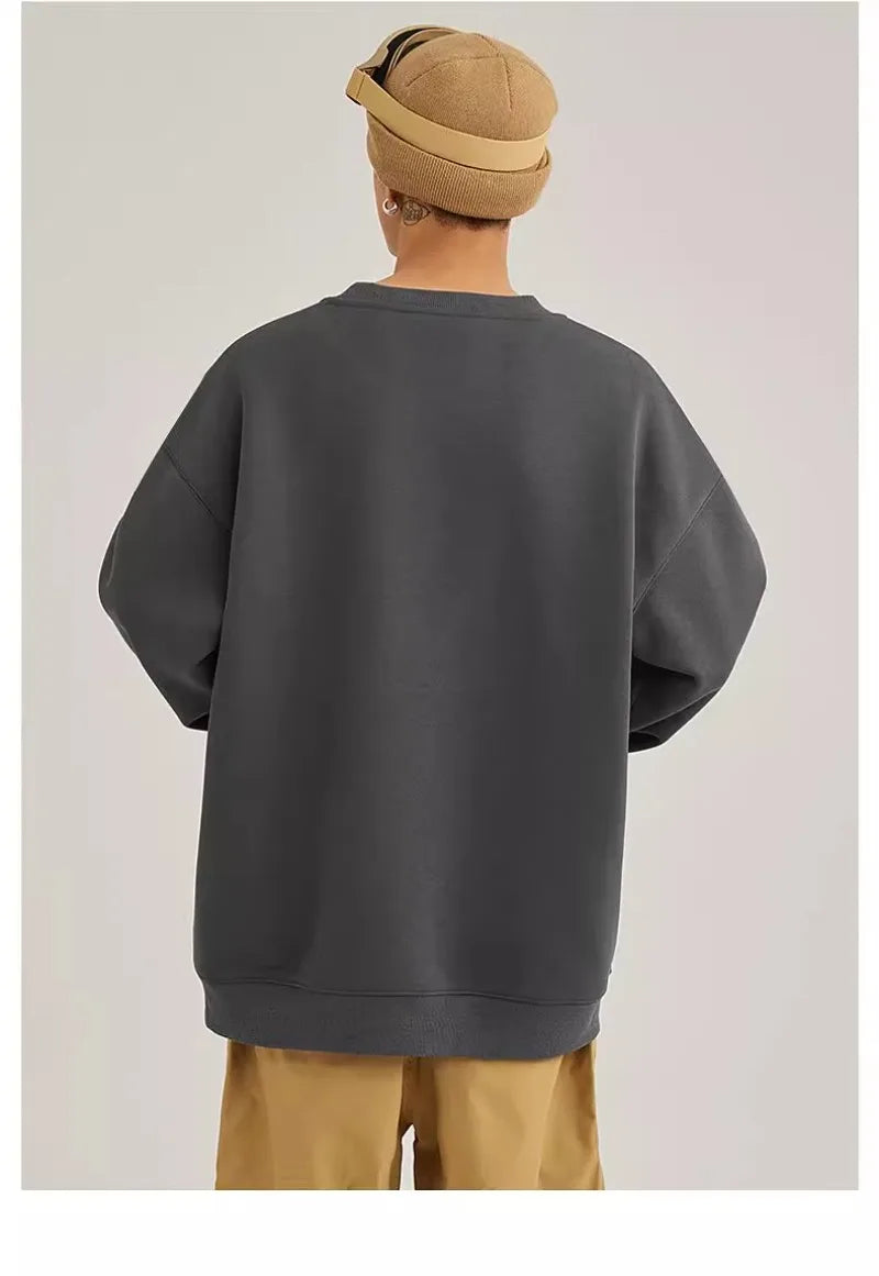 heavy cotton sweater men's autumn new loose and thick long-sleeved t-shirt solid color Japanese crew neck bottoming shirt mon