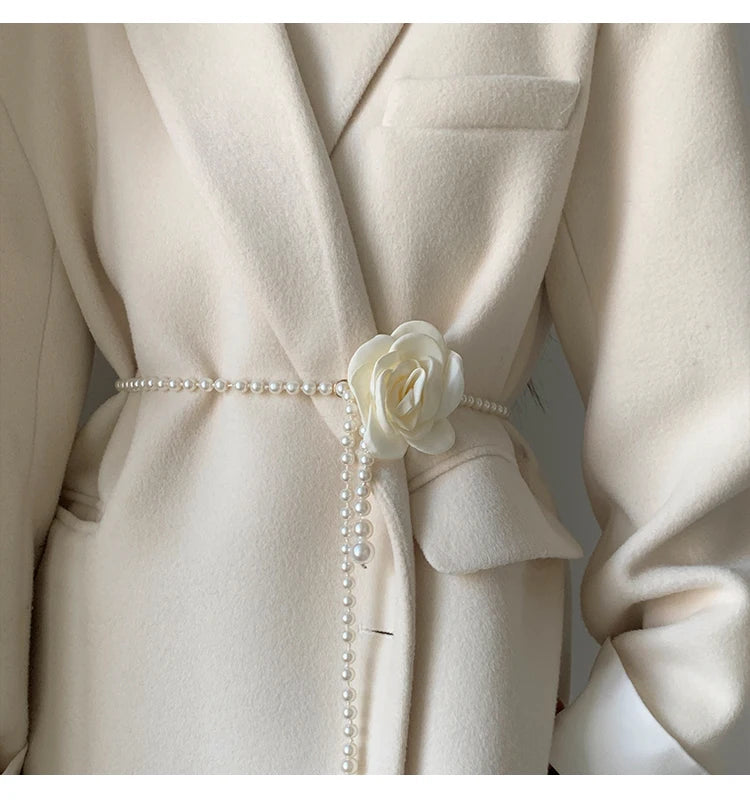 1pcs Pearl Waist Belt Women's New Style Camellia Decorative Versatile Waist Belt Matching Dress Coat Jacket Fashion Elegant Belt