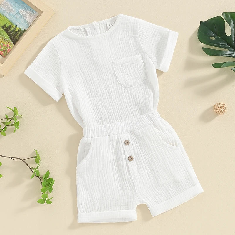 Newborn Baby Boys Summer Clothes Sets Solid Cotton Linen Pocket Short Sleeve T-shirts+Button Pocket Shorts Beach Casual Outfits