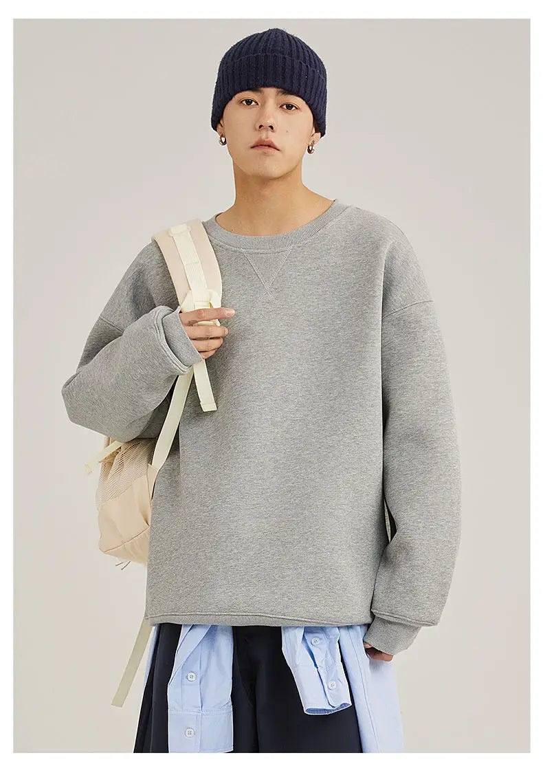 heavy cotton sweater men's autumn new loose and thick long-sleeved t-shirt solid color Japanese crew neck bottoming shirt mon