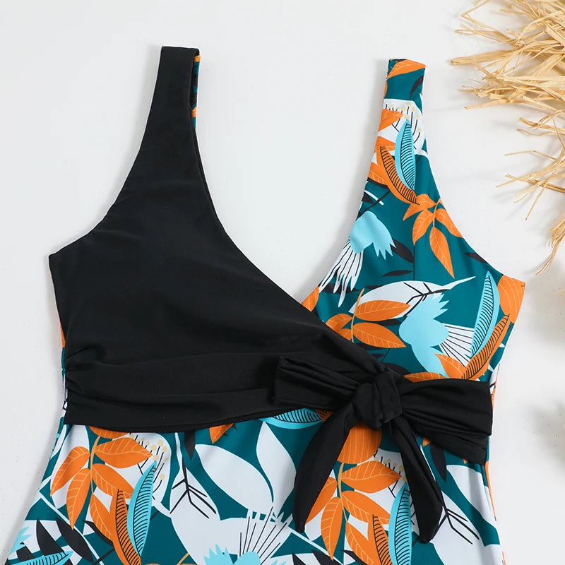 2025 Tropical Print Swimsuit One Piece Knot Side Belted Swimwear Women Padded Bathing Suit Female Swimming Summer Beachwear