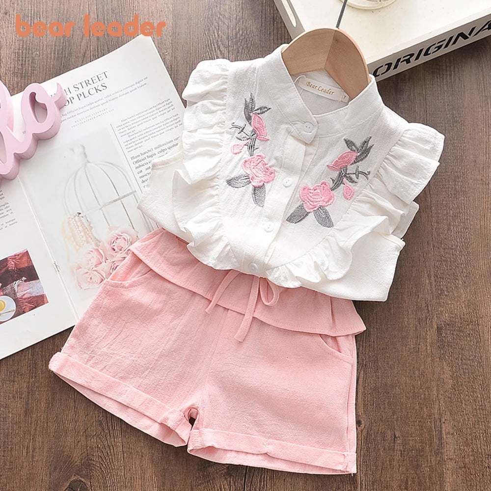 Bear Leader Girls' Clothing Set Summer New Casual Children's Embroidered Sleeveless Shirt + Shorts Set Girls' Baby Clothing