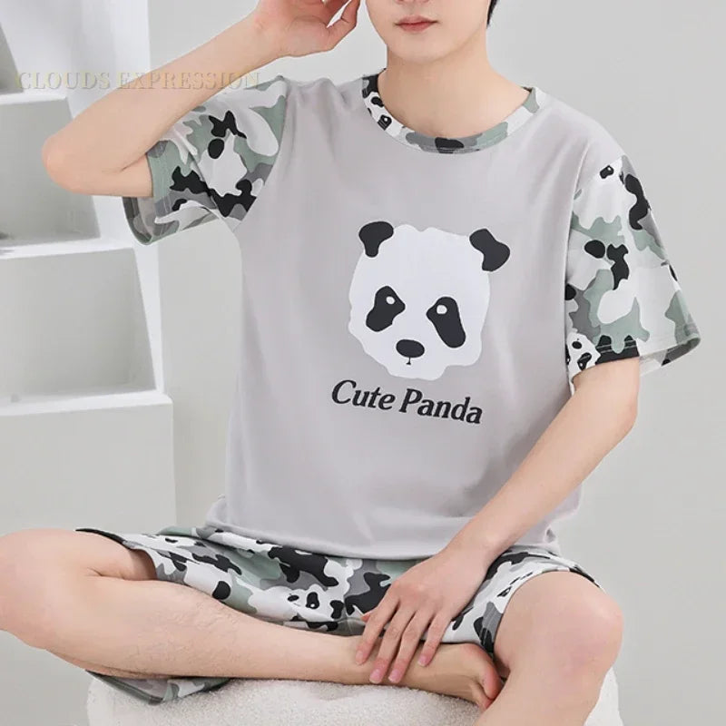 Summer 4XL Knitted Cotton Short Sleeved Men's Pajamas Sets Male Pajama Set Plaid Pajama For Men Sleepwear Suit Homewear mon