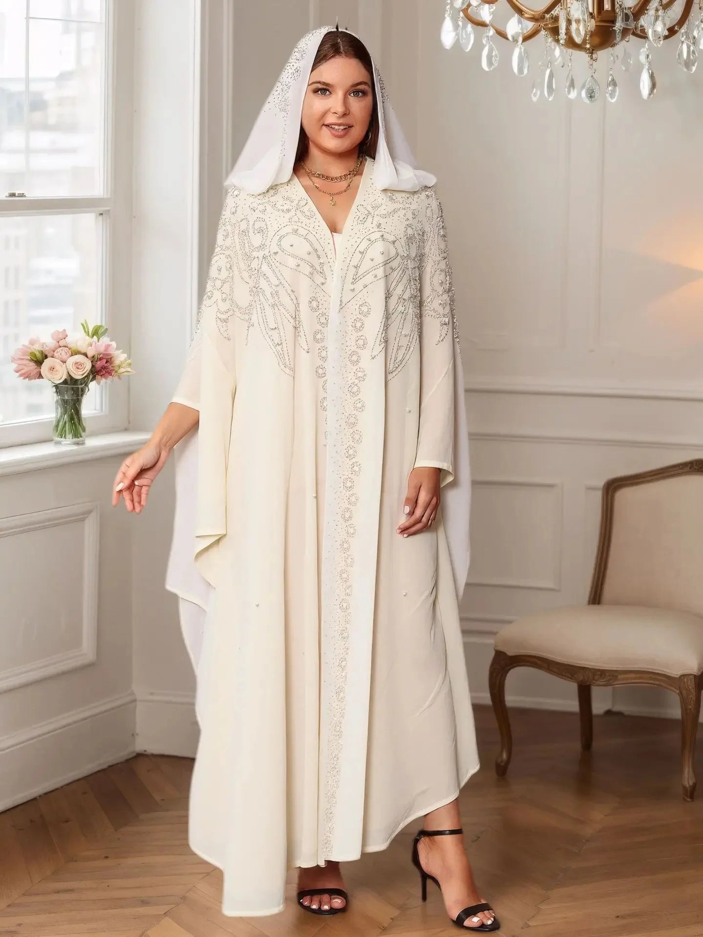 Muslim Long Robe Dubai Bead Abaya Hooded Cloak Shoulder with Hat Middle East Muslim Women's Fashion Outerwear