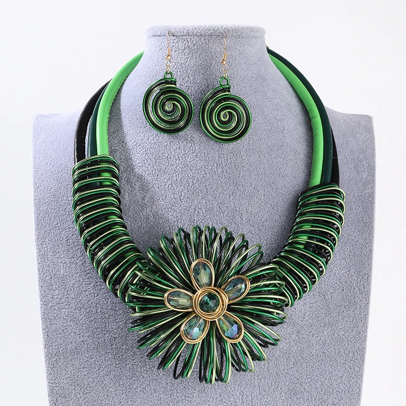 Flower African Women Necklace Earrings Jewelry Sets For Wedding Party Dress