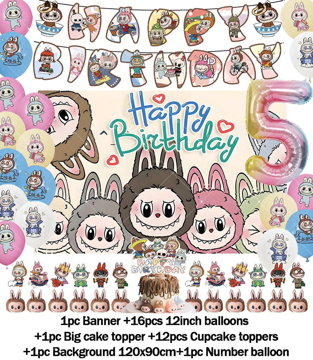 Cartoon LABUBU Theme Kids Birthday Party Banner Background Cake Topper Number Balloon Decoration Props Baby Party Supply Gifts