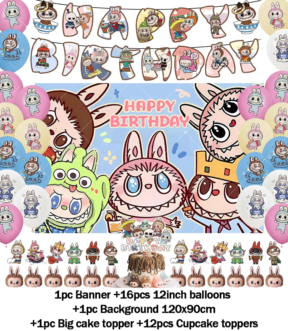 Cartoon LABUBU Theme Kids Birthday Party Banner Background Cake Topper Number Balloon Decoration Props Baby Party Supply Gifts