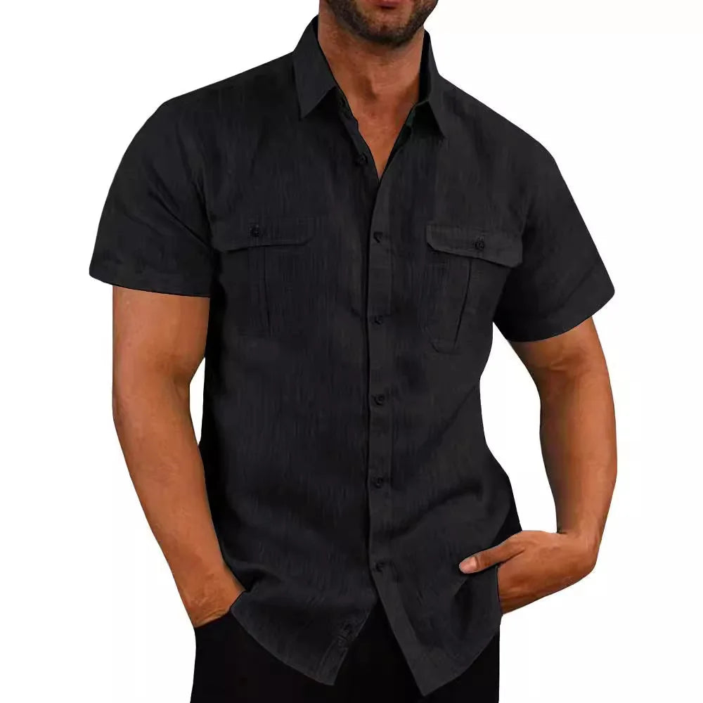 Men's Shirt Double Pocket Cotton Linen Short Sleeve Shirts for Men Casual Holiday Beach Shirt streetwear Solid Color Slim Fit mon