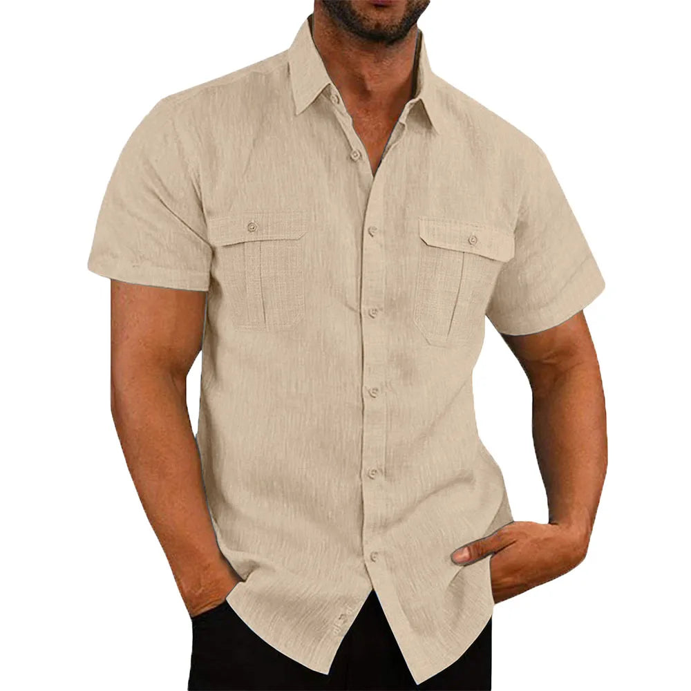 Men's Shirt Double Pocket Cotton Linen Short Sleeve Shirts for Men Casual Holiday Beach Shirt streetwear Solid Color Slim Fit mon
