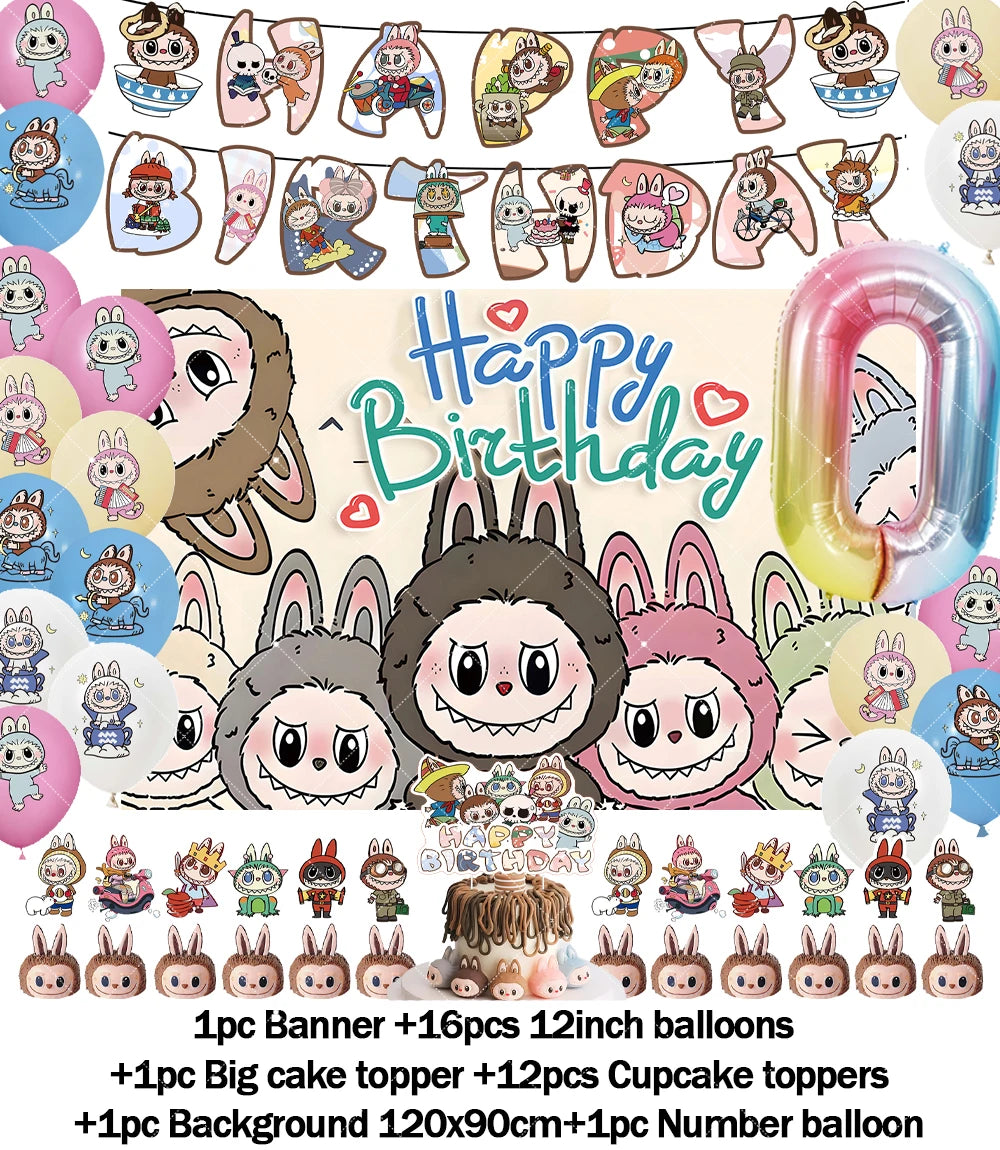 Cartoon LABUBU Theme Kids Birthday Party Banner Background Cake Topper Number Balloon Decoration Props Baby Party Supply Gifts