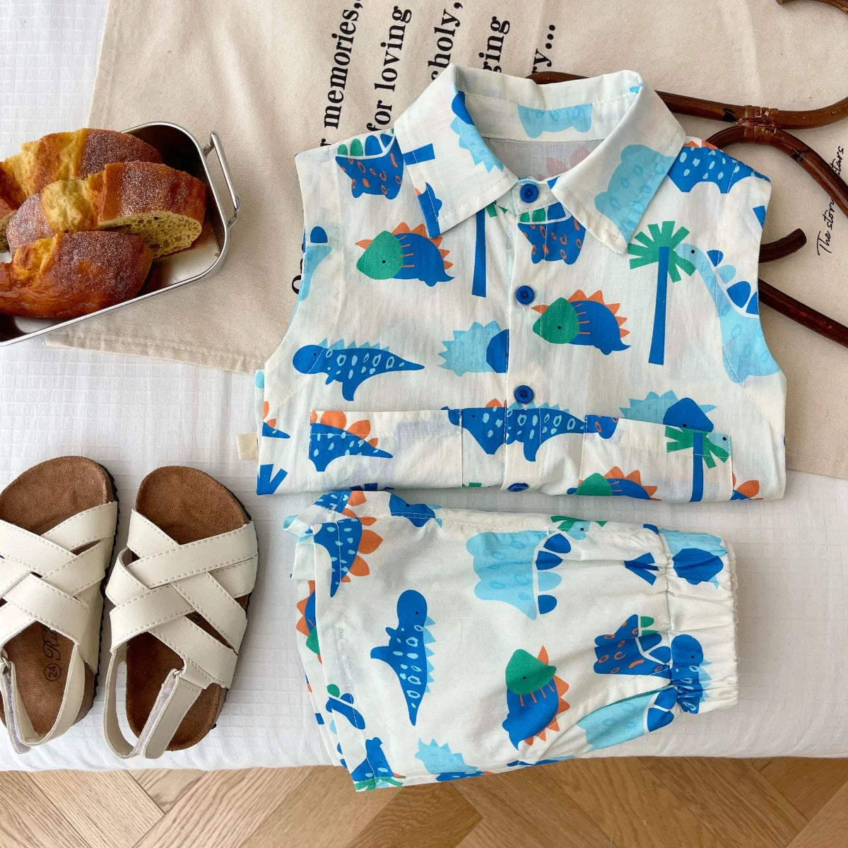 Kids Fashion 2-Piece Summer Beach Clothes Set for Toddler Boys Sleeveless Print Top Shirt+Shorts