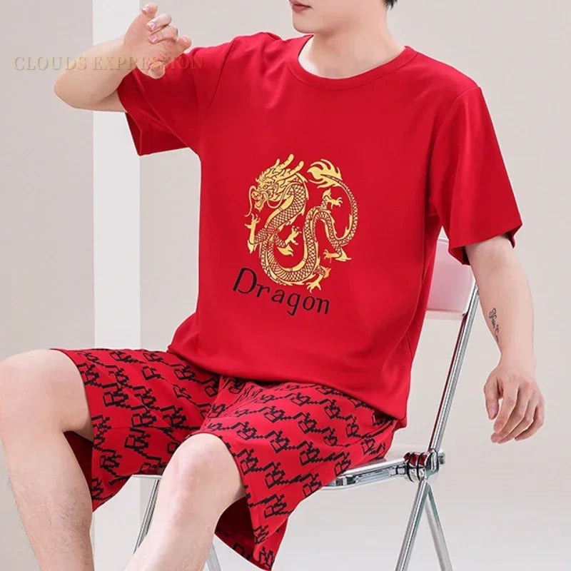Summer 4XL Knitted Cotton Short Sleeved Men's Pajamas Sets Male Pajama Set Plaid Pajama For Men Sleepwear Suit Homewear mon