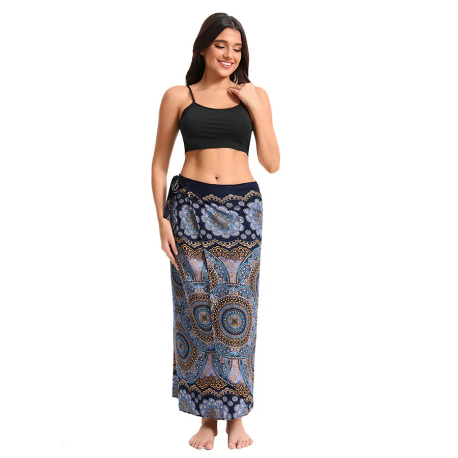 Women’s Boho Maxi Wrap Long Skirt Tie Up Beach Cover Up Dress Vintage Bohemian Adjustable High Waisted Holiday Rayon Dress