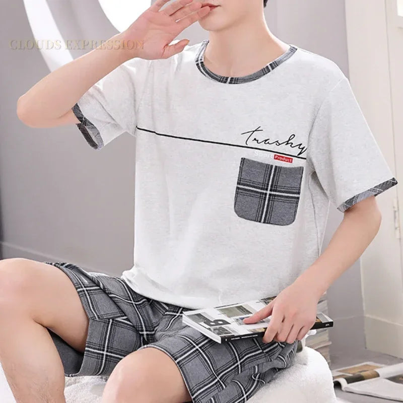 Summer 4XL Knitted Cotton Short Sleeved Men's Pajamas Sets Male Pajama Set Plaid Pajama For Men Sleepwear Suit Homewear mon