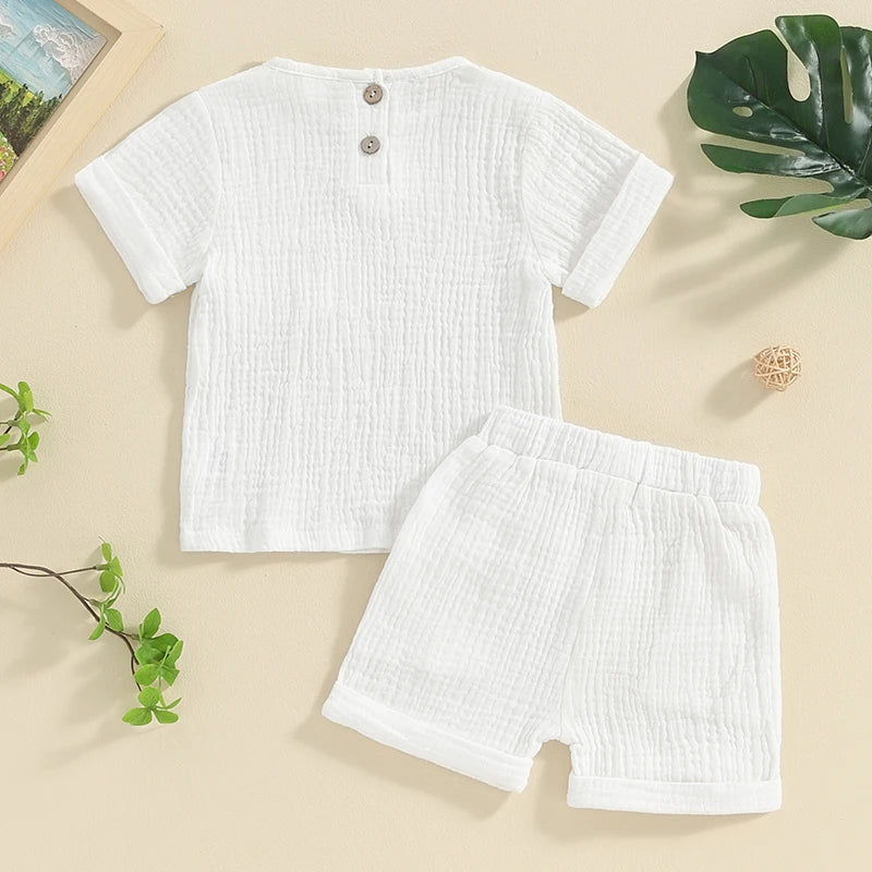 Newborn Baby Boys Summer Clothes Sets Solid Cotton Linen Pocket Short Sleeve T-shirts+Button Pocket Shorts Beach Casual Outfits