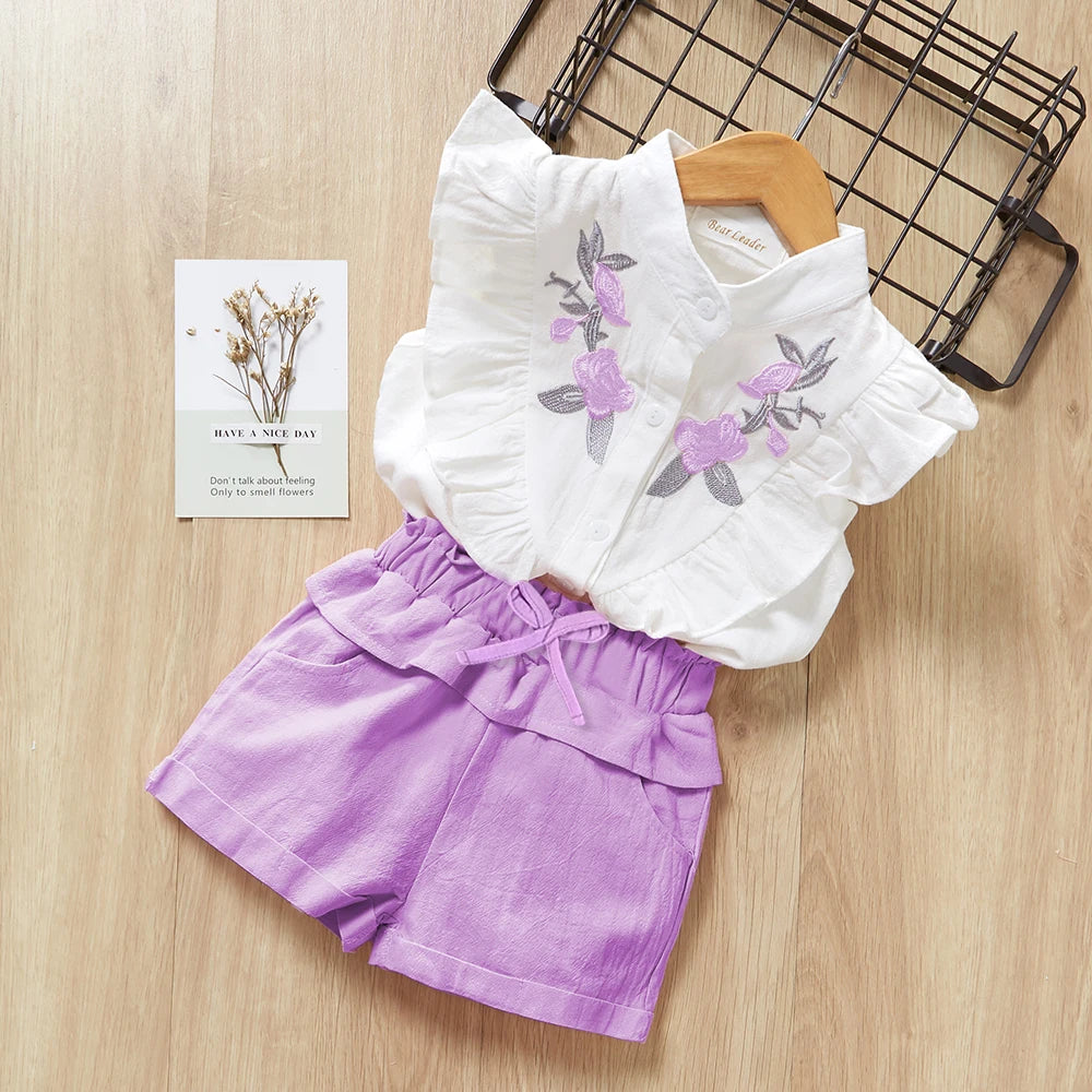 Bear Leader Girls' Clothing Set Summer New Casual Children's Embroidered Sleeveless Shirt + Shorts Set Girls' Baby Clothing