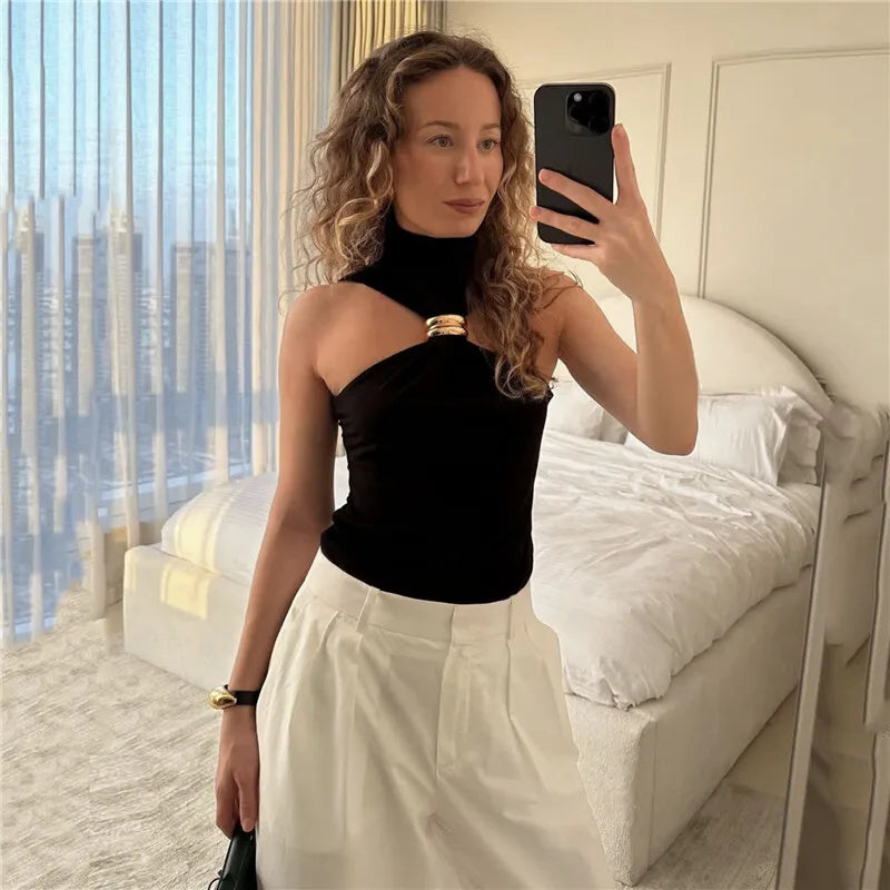 Mozision Turtleneck Basic Knit Tank Tops Women Vest Pullovers Metal Ring Camisole Sleeveless Skinny Knitted Tops Y2K Cropped Top