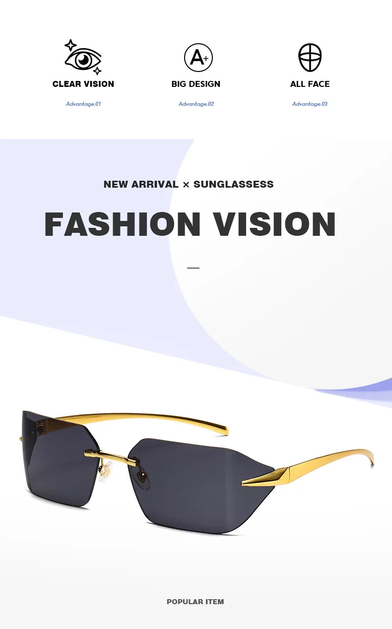 Rimless Men Sunglasses Luxury Brand Curved Lens Summer Traveling Sun Glasses for Women men Frameless Rectangle Shades mon