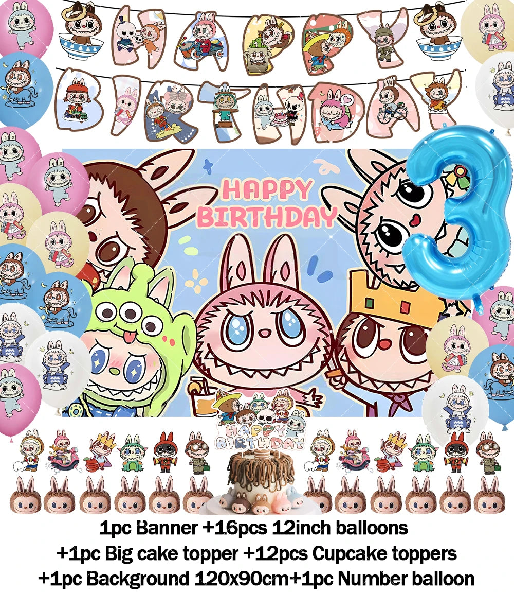 Cartoon LABUBU Theme Kids Birthday Party Banner Background Cake Topper Number Balloon Decoration Props Baby Party Supply Gifts