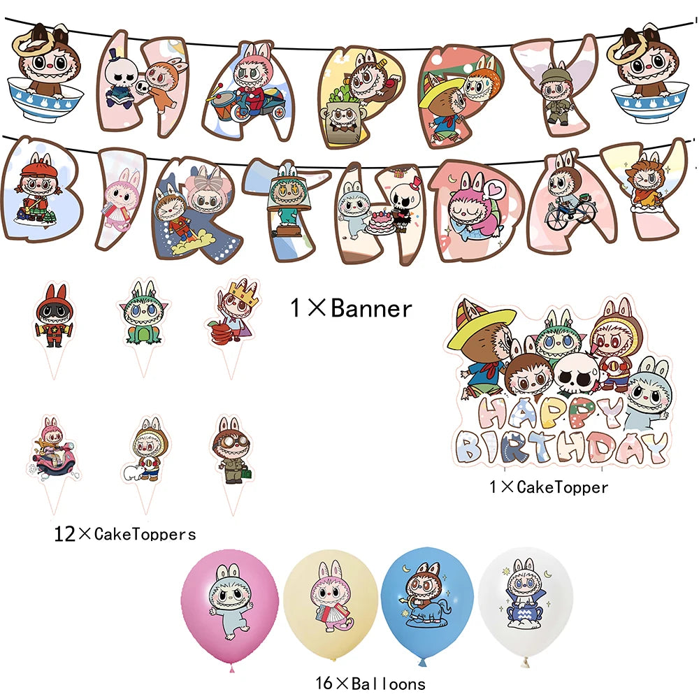 Cartoon LABUBU Theme Kids Birthday Party Banner Background Cake Topper Number Balloon Decoration Props Baby Party Supply Gifts