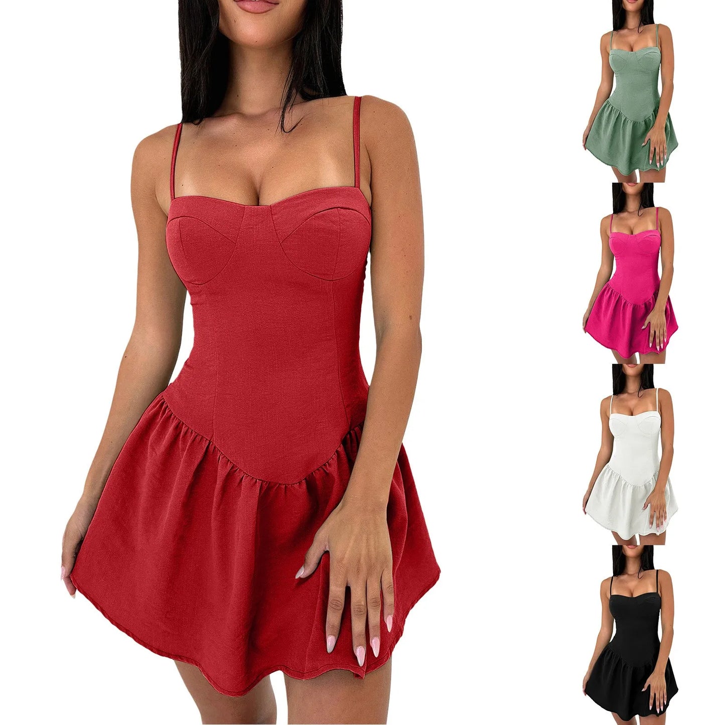Ruffled Solid Color Dresses For Women Short Skirt Halter Top Style Loose Bandage Striped Sling Dress