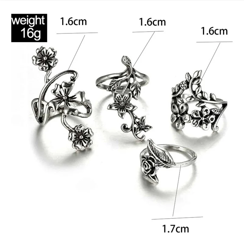 4PCS/Set Forest Vine Leaf Flower Ring Vintage Punk Antique Carved Midi Finger Ring Women Bohemian Rings