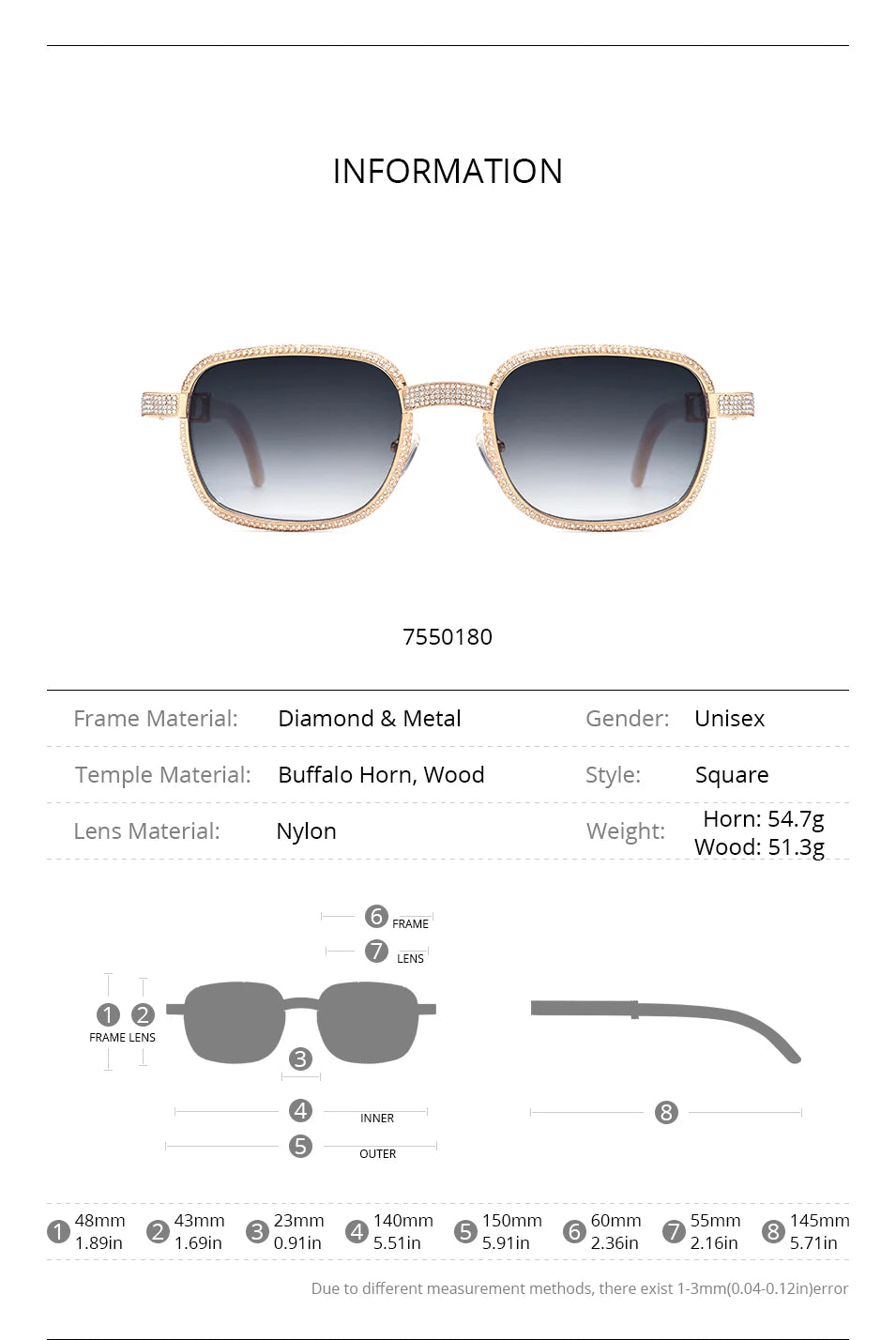 HEPIDEM High Quality Men Buffs Sunglasses Square Luxury Brand Design Diamond Sumptuous Sun Glasses Women Buffalo Horn Glasses