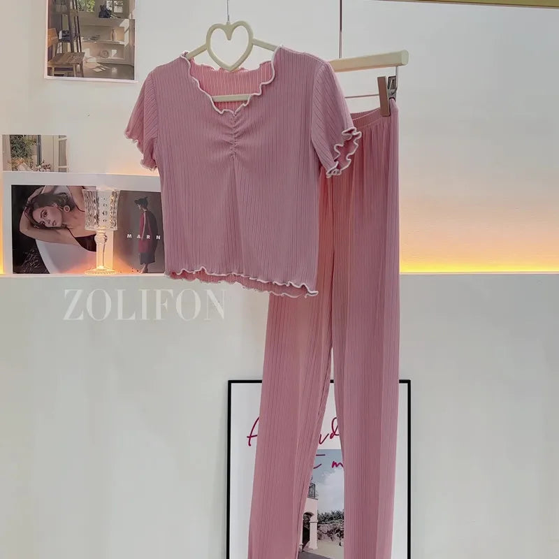 Two-Piece Spring and Summer Women's Pajamas Long Pants Short-Sleeved Lady Fashion Homewear Solid Striped Elastic Soft Loungewear clothes